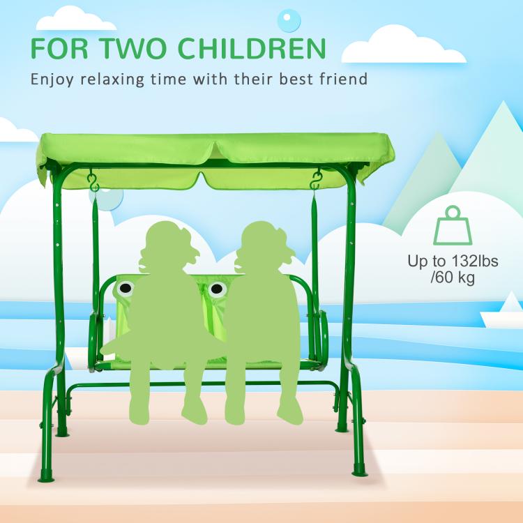 Green two-seat kids patio swing with canopy and frog-face seat back