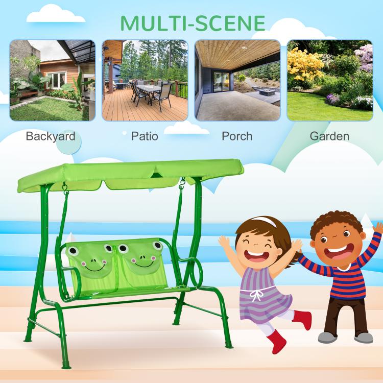 Green kids patio swing under canopy with double seat and hanging loops