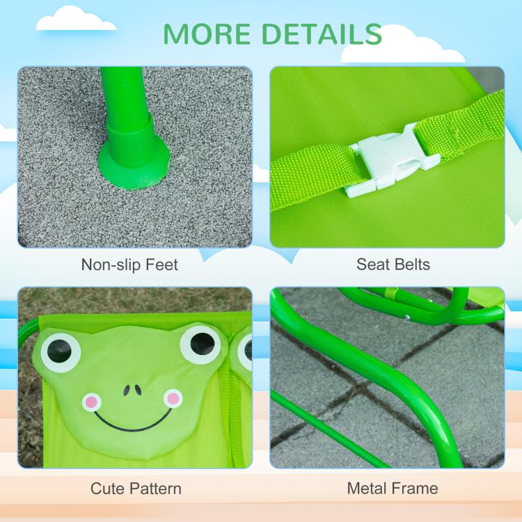 Close-up details: non-slip feet, seat belts, cute pattern, green metal frame