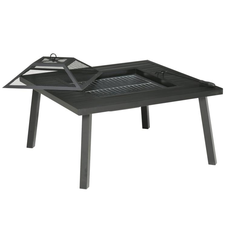 Black metal fire pit with raised spark screen cover and grilling grate