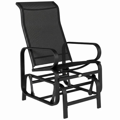 Black mesh gliding lounger chair with rocking base and curved armrests