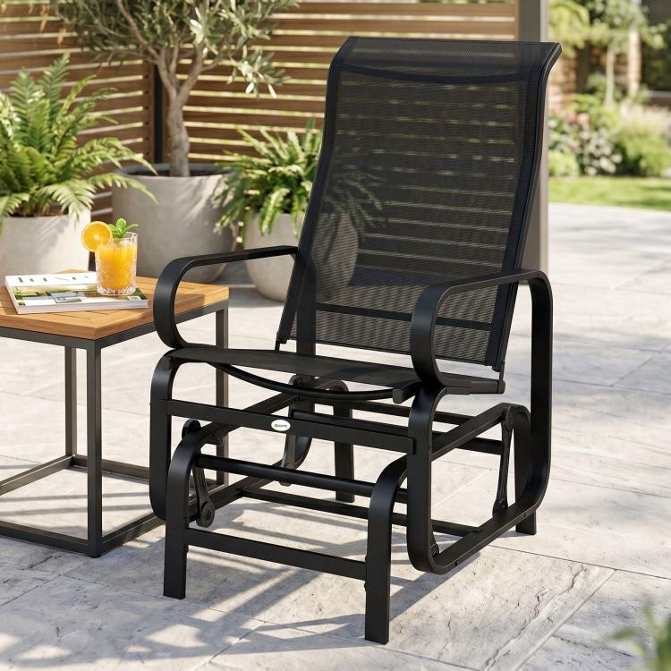 Black metal rocking lounger chair with breathable mesh backrest