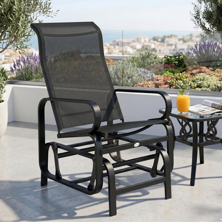 Black mesh gliding lounger chair with wide rocker legs and armrests