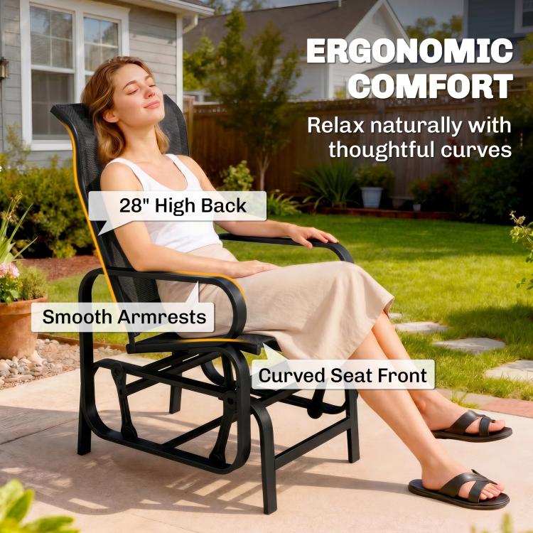 Black rocking lounger chair with high back, smooth armrests, curved seat front