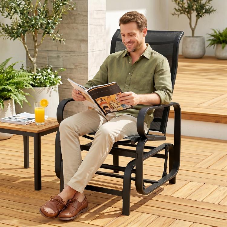 Black mesh gliding lounger chair with sturdy metal rocker frame and armrests
