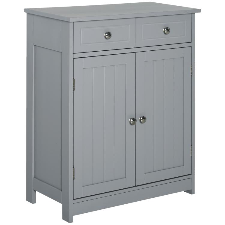 Gray freestanding bathroom floor cabinet with two doors and two drawers