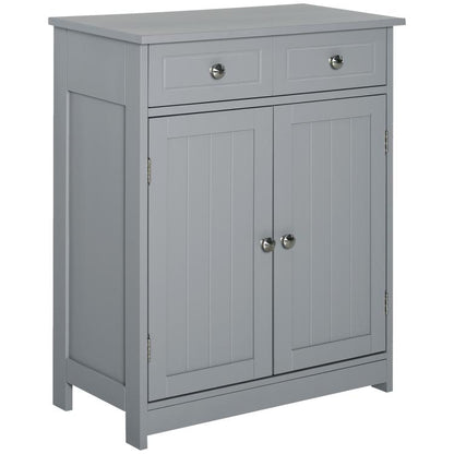 Gray freestanding bathroom floor cabinet with two doors and two drawers