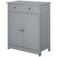 Gray bathroom cabinet with two doors, two drawers, and metal knob handles