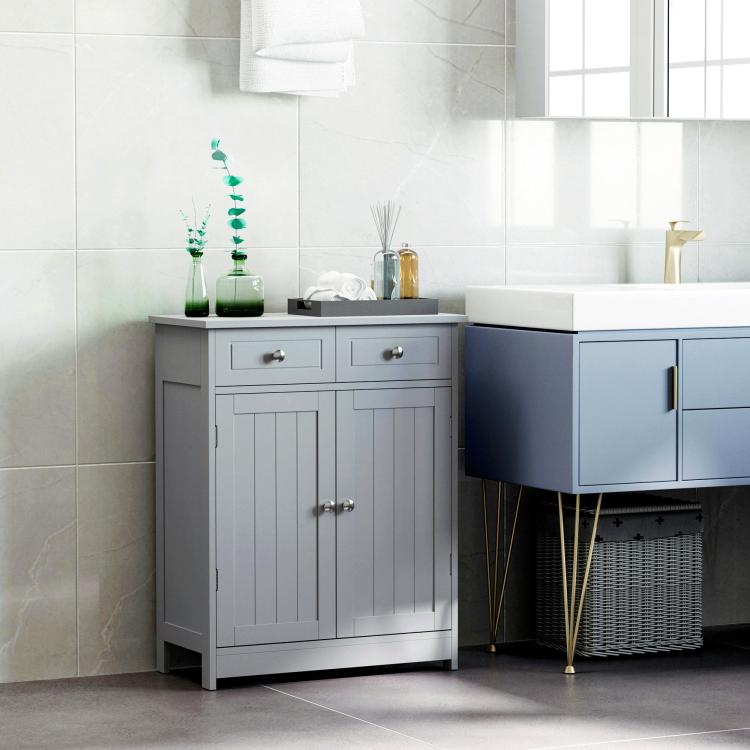 Gray bathroom floor cabinet with two doors and two drawers