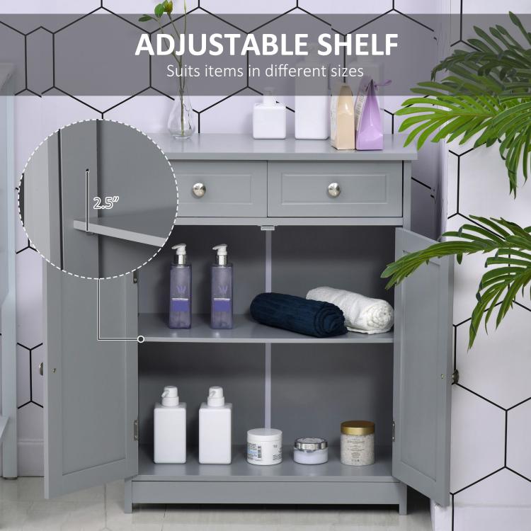Gray bathroom cabinet with doors open, showing an adjustable interior shelf