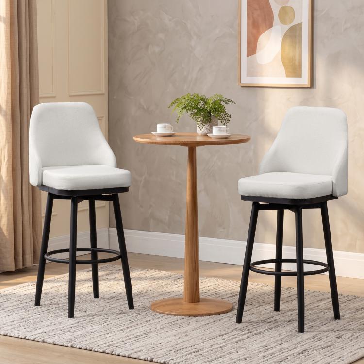Cream upholstered bar stools set of 2 with black steel legs and circular footrest