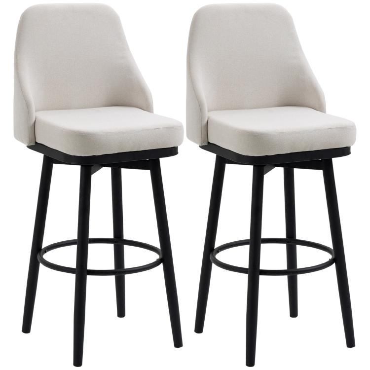 Cream bar stools set of 2 with rounded backs, black legs, and circular footrest