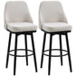 Two cream upholstered bar stools with black legs and circular footrests, front view