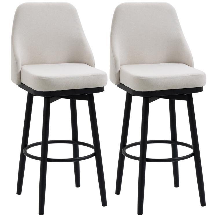 Cream bar stools set of 2 with padded seat and arched backs, black circular footrests