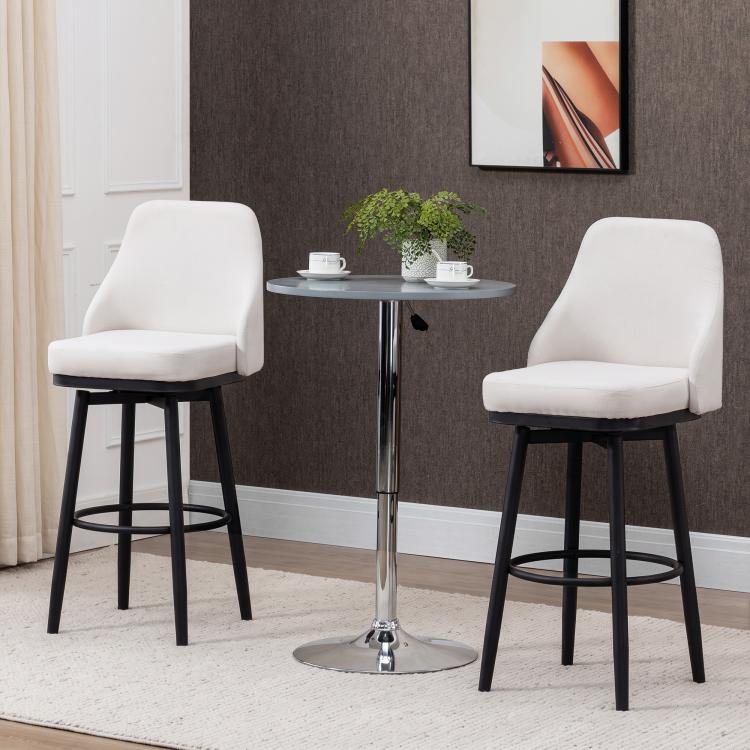 Cream upholstered bar stools set of 2 with arched backs and black circular footrests