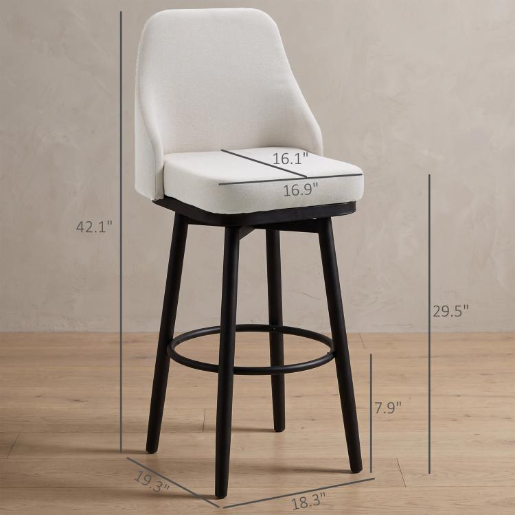 Cream upholstered bar stool with curved back, black legs, and circular footrest