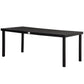 Rectangular outdoor dining table with black frame and dark slatted tabletop
