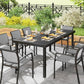 Black rectangular outdoor dining table with faux-wood top and metal legs
