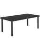 Black rectangular outdoor dining table with slatted faux-wood top and metal legs