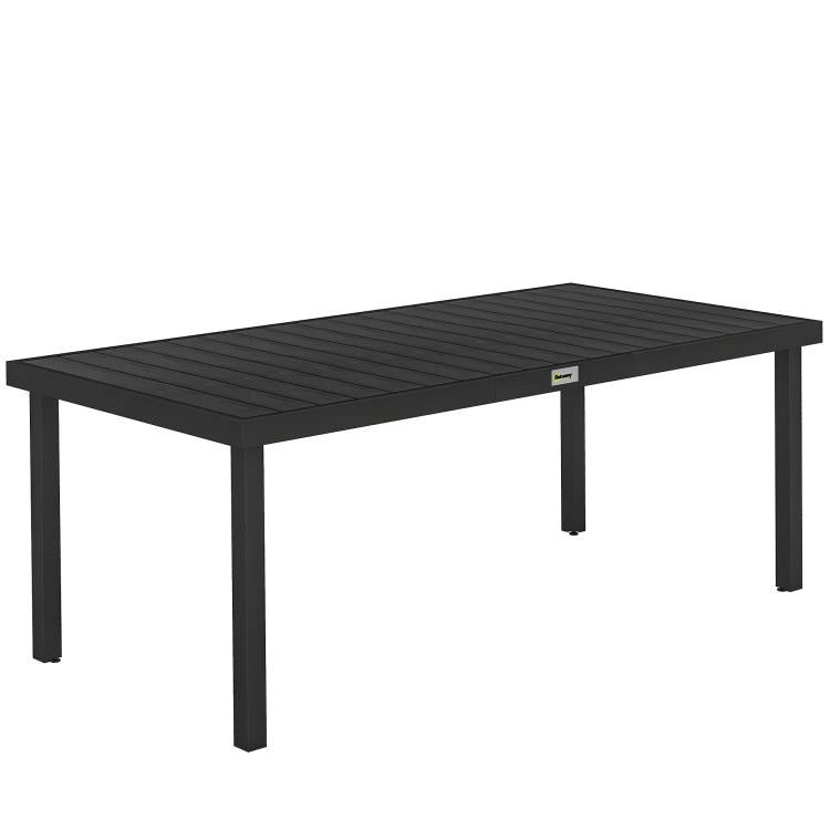 Black rectangular outdoor dining table with slatted faux-wood top and metal legs