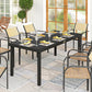 Outdoor dining table with black frame and slatted faux-wood top for meals