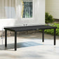 Outdoor dining table about 75 x 35 in, black frame with slatted tabletop