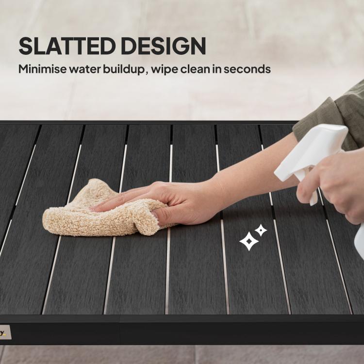 Dark slatted tabletop with wipe-clean grooves and water-resistant surface
