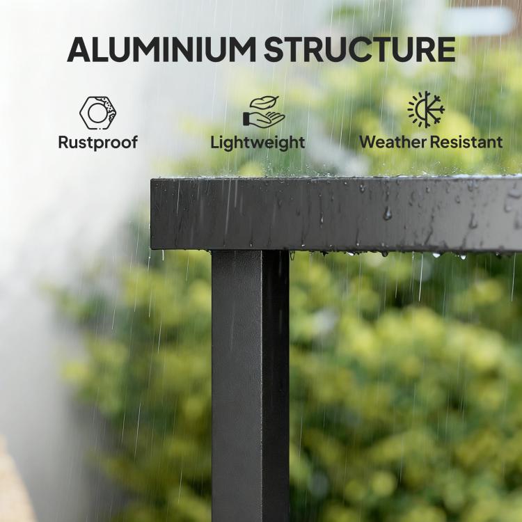 Black tabletop edge with water droplets and slim aluminum table legs