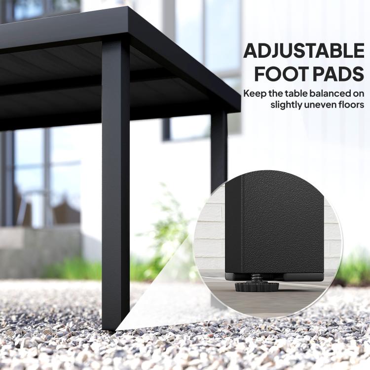 Outdoor table leg with adjustable footpad for stability on uneven floors