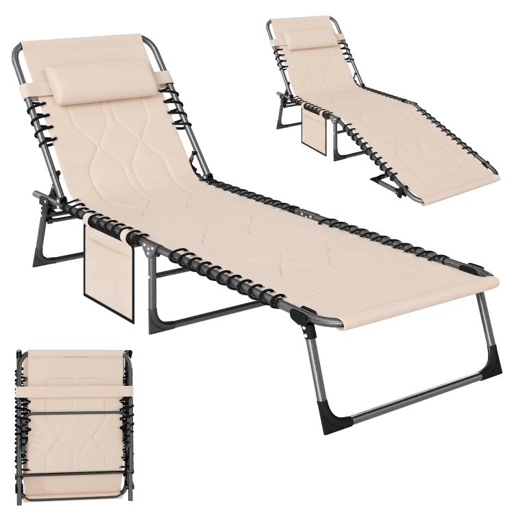 Beige padded folding chaise lounge chair with headrest and reclining positions on black frame