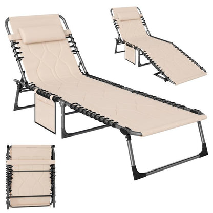 Beige padded folding chaise lounge chair with headrest and reclining positions on black frame
