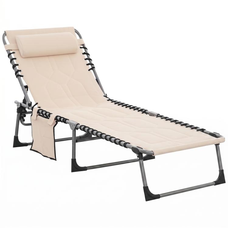 Beige padded reclining folding chaise lounge chair with headrest, metal frame, black straps