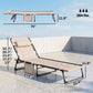 Beige folding chaise lounge chair with headrest and black metal frame, size markers shown