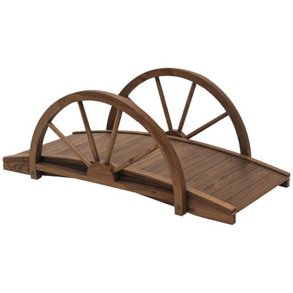 Stained wooden garden bridge with arched wheel-style side rails and slatted walkway deck