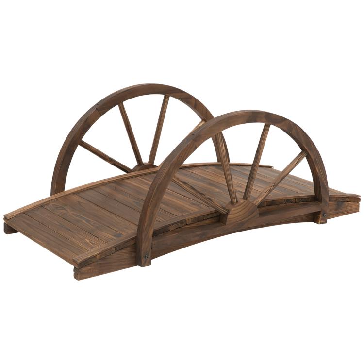Stained wooden garden bridge with wheel-pattern side rails and flat slatted crossing deck