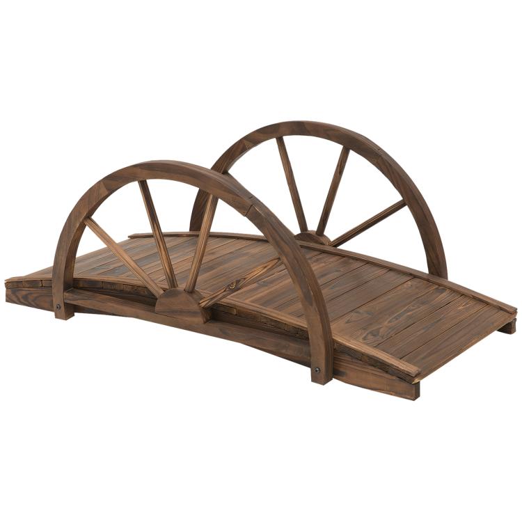 Dark stained wooden garden footbridge with wheel-style arched railings and planked deck