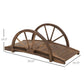 Stained wooden garden footbridge with wheel-style side rails and dimension diagram