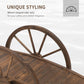 Wheel-style wooden side railings on a stained arched garden bridge deck
