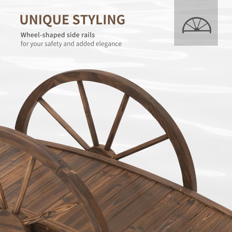 Wheel-style wooden side railings on a stained arched garden bridge deck
