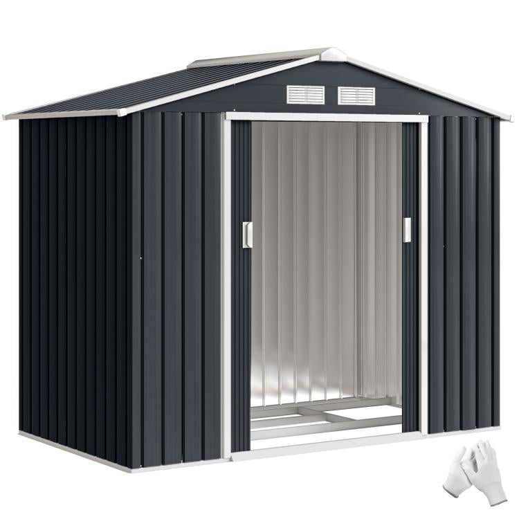 Dark gray outdoor storage shed with sliding double doors and vented roof panels