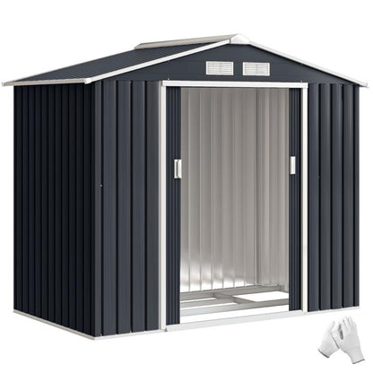 Dark gray outdoor storage shed with sliding double doors and vented roof panels