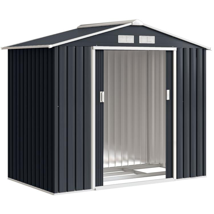 Dark gray outdoor storage shed with sliding door, vented gable roof, open interior