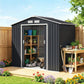Dark gray outdoor storage shed with open sliding doors and visible interior shelving