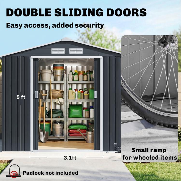 Outdoor storage shed with double sliding doors and shelving filled with items