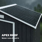 Dark gray storage shed with apex roof and extended eave for water runoff