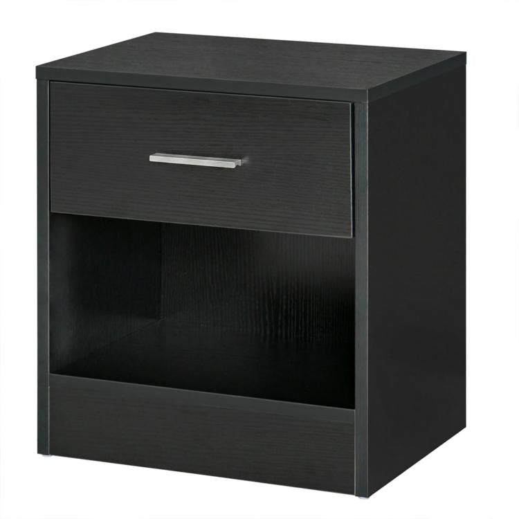 Black wood-grain end table with drawer front and open lower storage compartment.
