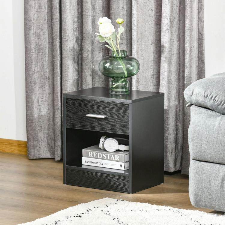 Black wood-grain nightstand-style side table with drawer and bottom open shelf.