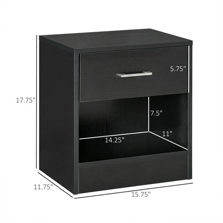 Black wood-grain side table featuring a single drawer and open lower shelf.