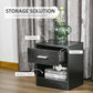 Black wood-grain side table with drawer and bottom shelf storage compartment.