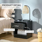 Black wood-grain side table with silver handle, drawer, and slide-out storage.